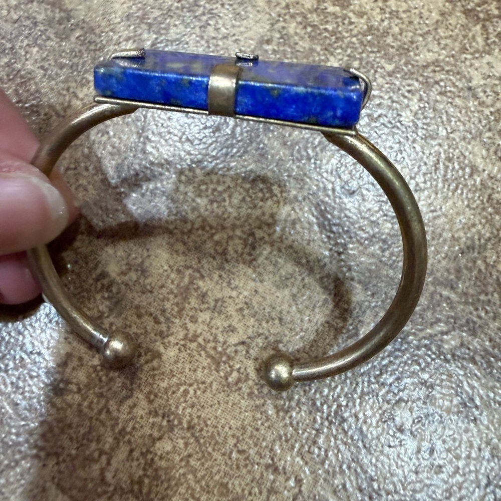 Vintage Lapis Lazuli Brass Cuff Bracelet Modernist Rectangular Stone - Picture 3 of 5